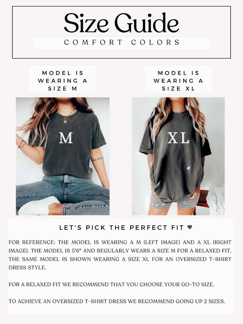 Puede incluir: Gu&iacute;a de tallas para un vestido de camiseta. La modelo lleva una talla M y una talla XL. La modelo mide 1,68 m y recomienda elegir tu talla habitual para un ajuste relajado o subir dos tallas para un ajuste holgado.