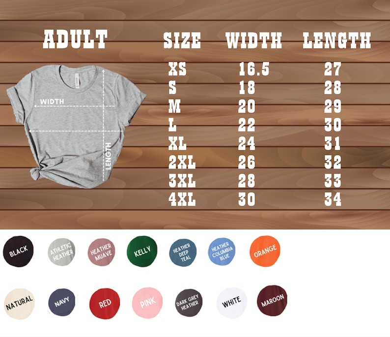 Puede incluir: Tabla de tallas para camisetas de adulto con medidas en pulgadas. La tabla muestra las medidas de ancho y largo para las tallas XS a 4XL. La tabla est&aacute; sobre un fondo de madera. Los colores disponibles son: Negro, Gris deportivo, Malva jaspeado, Kelly, Verde azulado jaspeado, Azul Columbia jaspeado, Naranja, Natural, Azul marino, Rojo, Rosa, Gris oscuro jaspeado, Blanco y Marr&oacute;n.