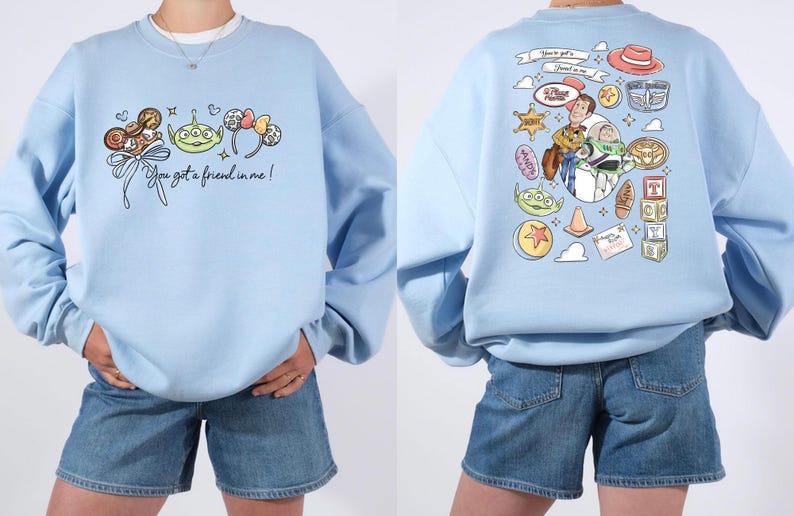 Disney Pixar Toy Story sweatshirt and hoodie featuring Woody, Buzz Lightyear, Rex, Hamm and Pizza Planet inspired design. Cozy unisex crewneck sweatshirt perfect for Disney park trips, Pixar fans, and family matching outfits. Soft and comfortable Disney sweatshirt ideal for Disneyland or Disney World vacations, travel days, or casual wear. Fun Toy Story sweatshirt great for kids at heart and Disney lovers.