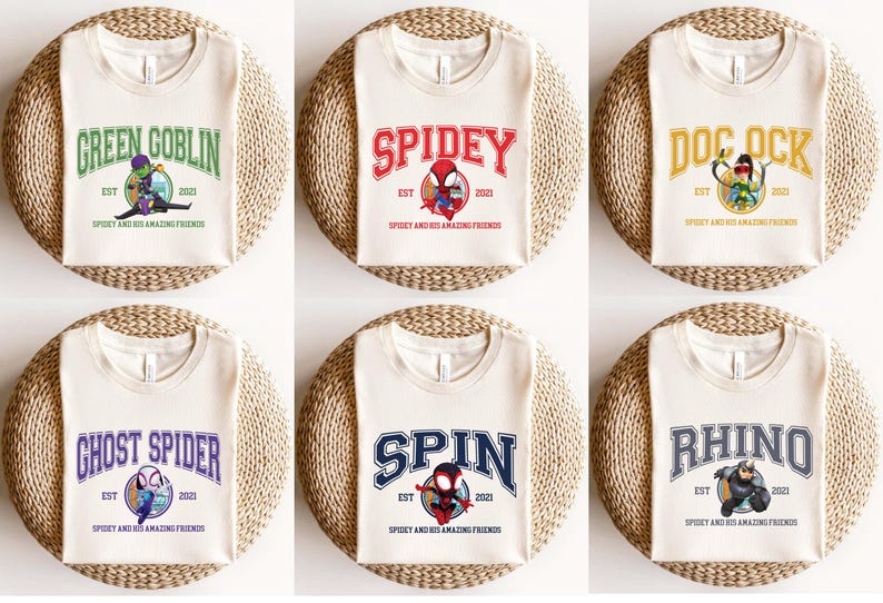 Spidey and His Amazing Friends T-shirt featuring Ghost Spider, Spiderman, and Marvel Avengers-inspired graphics. Perfect for superhero fans, birthday parties, or family matching outfits. This soft, high-quality tee is great for kids and adults who love action-packed fun. Ideal for Marvel lovers, Avengers-themed trips, or everyday superhero style with bold, colorful characters.