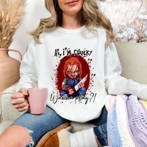 Comfort Colors® Chucky Sweatshirt, Horror Hoodie, Horror Movie Crewneck, Spooky Season Hoodie, Chucky Wanna Play Pullover, Halloween Party