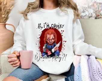 Comfort Colors® Chucky Sweatshirt, Horror Hoodie, Horror Movie Crewneck, Spooky Season Hoodie, Chucky Wanna Play Pullover, Halloween Party