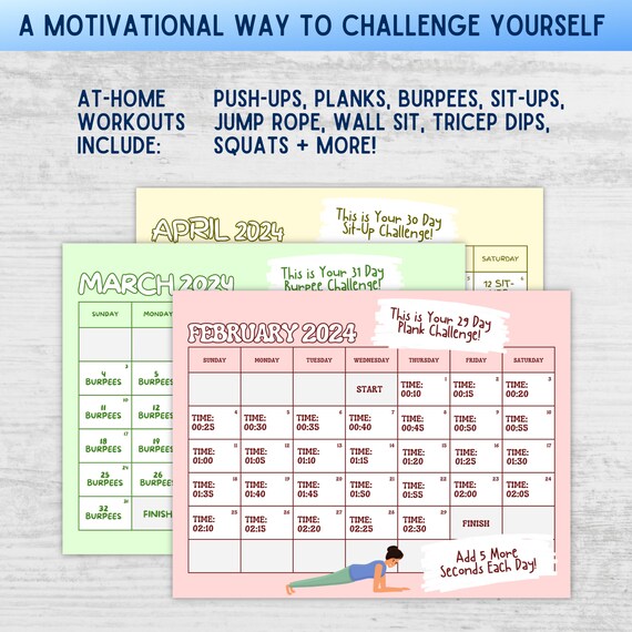 12-month Fitness Challenge Calendar 2024 Daily Workouts Progressing Reps &  Time Unique Fitness Routine Home Gym Planner - Etsy