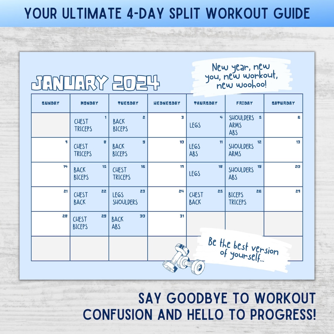2024 4day Split Workout Calendar 12month Workout Planner Printable