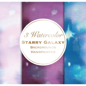 Op de afbeelding: Drie aquarel-galaxieachtergronden, handgeschilderd in tinten van roze, paars en blauw. De achtergronden hebben een sterrenhemeleffect.