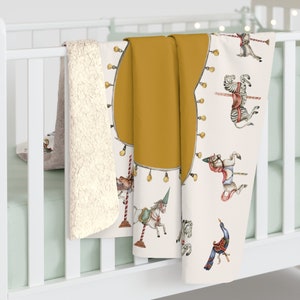 Butterscotch CAROUSEL Sherpa Fleece Blanket 50&quot; X 60&quot; + Baby Blanket Nursery Vintage Circus Modern + Newborn Receiving Swaddle