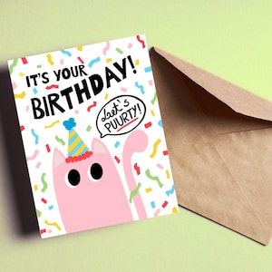 Carte d'anniversaire chat drôle, chat rose avec chapeau de fête, carte de voeux Let's Puurty, fond de confettis, carte d'anniversaire mignonne pour amoureux des chats