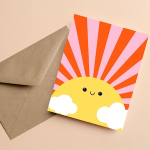 Sonnenschein Grußkarte, glückliche Sonne Karte, fröhliche leere Karte, positive Vibes Karte, süße lächelnde Sonne, bunte Sonne Illustration, lustige süße Karte