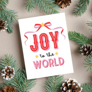 Tarjeta navideña Joy To The World, tarjeta navideña con lazo rosa y rojo, tarjeta de felicitación festiva para Navidad, tarjeta navideña alegre, regalo de Navidad