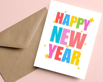 Frohes neues Jahr-Karte, bunte mutige Beschriftung Grußkarte, festliche Feiertagskarte mit Sternen, Neujahrs-Feierkarte, niedliches frohes neues Jahr