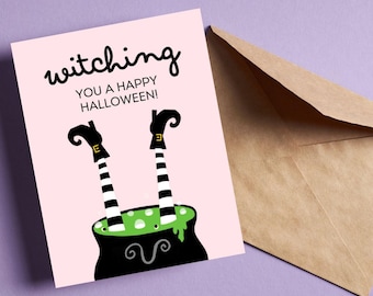 Witching You Eine fröhliche Halloween Grußkarte, Halloween Karte mit Hexenkessel und Hexenbeinen, gruseliger Herbst, einzigartiges Halloween, Witchy Karte