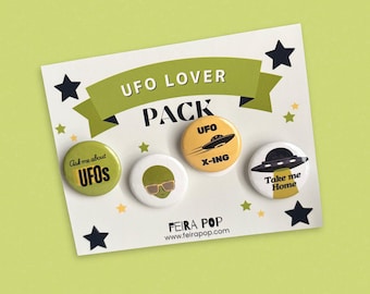 UFO Lover Pin Pack, Alien Button Set, Funny Space Pins, Sci-Fi Gift for UFO Enthusiasts, Extraterrestrial Accessories