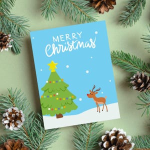 Cartão de Feliz Natal, Cartão de Natal com Paisagem de Neve, Cartão de Natal Festivo, Árvore de Natal, Rena de Nariz Vermelho, Cartão de Natal Bonito