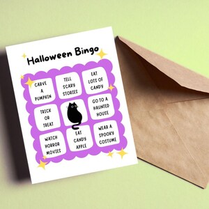 Tarjeta de bingo de Halloween, linda tarjeta de Halloween, tarjeta de juego de bingo espeluznante, tarjeta de actividades divertidas de Halloween, gato negro, casa embrujada, dulces