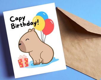 Capybara Birthday Card, Funny Animal Greeting Card Capy Birthday, Cute Capybara Lover Card, Happy Birthday Card with Balloons, Capybara Gift