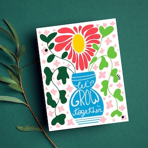 Tarjeta de felicitación crezcamos juntos, tarjeta de planta linda, tarjeta de amistad, tarjeta botánica, tarjeta de amor, arte floral colorido, regalo de amistad único