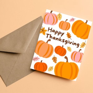 Happy Thanksgiving-kaart, pompoen en bladeren, herfstvakantiekaart, herfst dankbaarheidskaart, feestelijke Thanksgiving-wenskaart, pompoenen