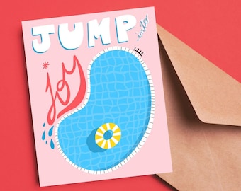 Wenskaart Jump Into Joy-kaart Zwembadkaart Summer Fun-kaart Happy Joyful-kaart Een nieuw begin-kaart voor een vriend-kaart Veel plezier kunstkaart