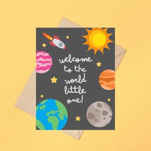 ようこそ世界へ 小さな赤ちゃんカード、宇宙の新生児カード、かわいい惑星とロケット、性別を問わない新生児カード、ベビーシャワーカード
