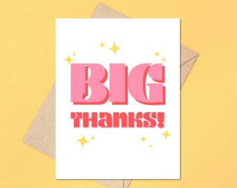 Big Thanks Greeting Card, Appreciation Card for Friend, Funny Thank You Card with Stars, Bold Lettering Gratitude Card, Cute Thanks Card