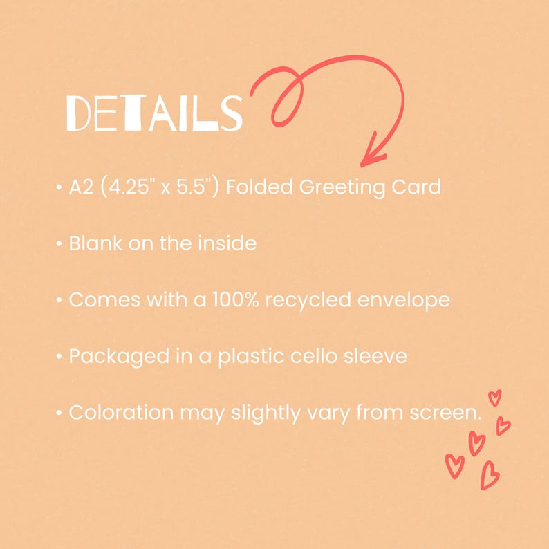 Op de afbeelding: Een A2 (4,25" x 5,5") gevouwen kaart met details in witte tekst op een perzikkleurige achtergrond. De kaart is blanco aan de binnenkant en wordt geleverd met een 100% gerecyclede envelop. Het wordt verpakt in een plastic cellofaanhoes. De tekst "De kleur kan enigszins afwijken van het scherm." is inbegrepen.