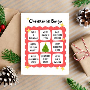 Tarjeta de felicitación de bingo navideño, tarjeta divertida para las fiestas, tarjeta de actividades festivas, tarjeta para construir un muñeco de nieve, tarjeta con carta de Papá Noel, suéter feo para Navidad