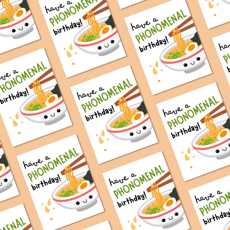 Funny birthday card with a cute smiling pho noodle bowl and the phrase "Have A Phonomenal Birthday", perfect for foodies, pho lovers, and pun lovers, ideal for sending fun and unique birthday wishes.