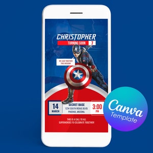 DIY Digital Birthday Captain America Party Invitation | Invitation digital | Templete Canva | Electronic Party Invitation