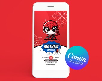 Invitación editable de Spiderman para fiesta de cumpleaños: Plantilla de Canva (Descarga digital)