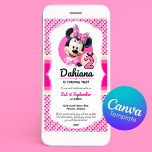 Invito digitale fai da te Compleanno Minnie Mouse / Invito digitale / Templete Canva / Invito a una festa digitale