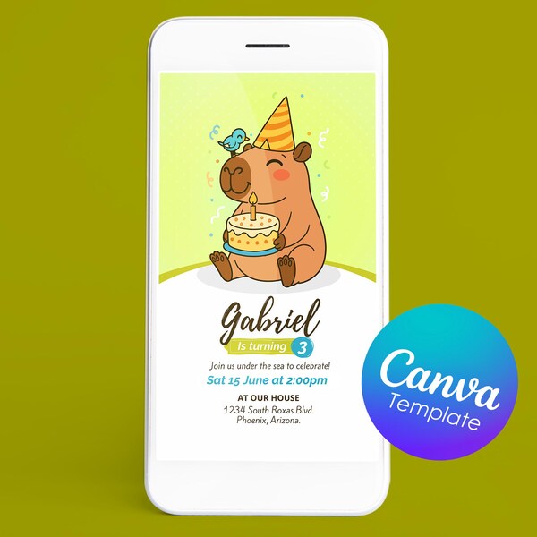 Capybara Birthday Invitation | Canva Editable Template | Capy Digital invitation
