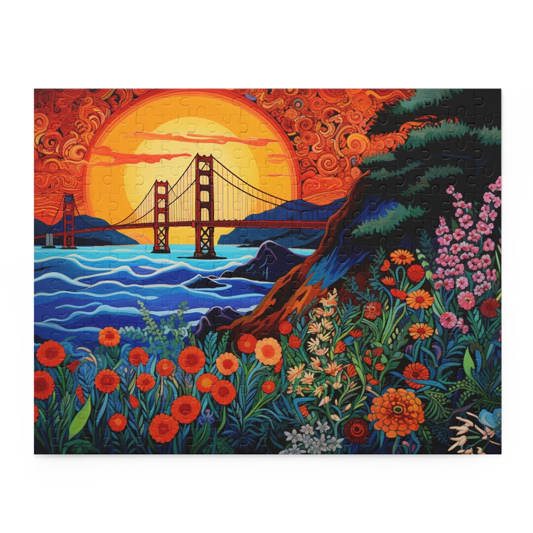 Puzzle San Francisco Golden Gate Bridge Art Print Puzzle Bright Floral Sun San Fran Print Puzzle ...