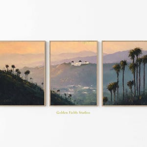 Griffith Observatory Poster Set of 3, LA Palm Trees Wall Art, Sunset Hills Triptych Print, California Landscape Poster Decor