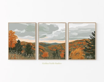 Autumn Mountain Poster Set Of 3 | Fall Landscape Wall Art | Forest Hills Illustration | Warm Orange Green Nature Art