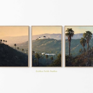Los Angeles Sunset Poster Set of 3, Griffith Observatory Triptych Print, Palm Tree Landscape Wall Art, California Scenic Decor