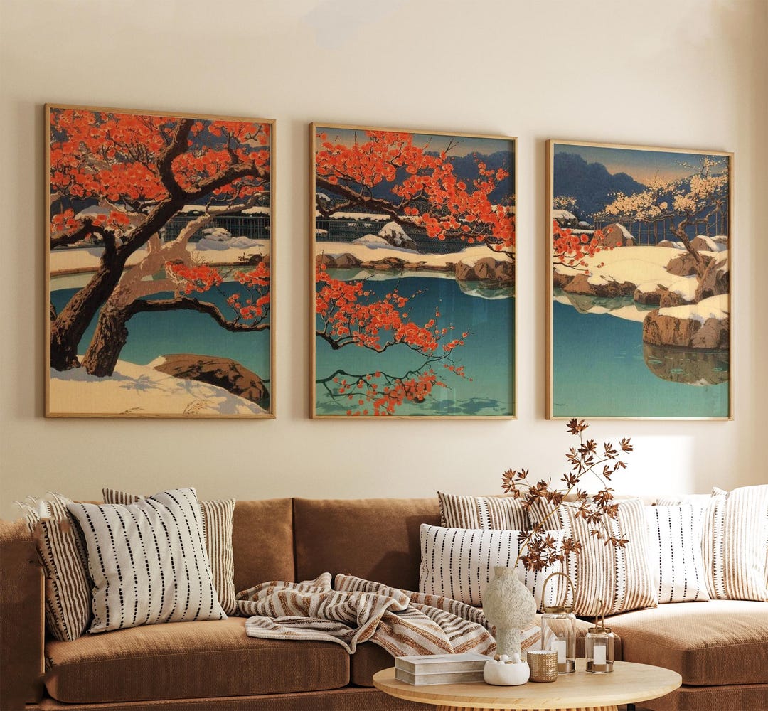 Teal Red Poster Set of 3 | Japanese Landscape Wall Art | Winter