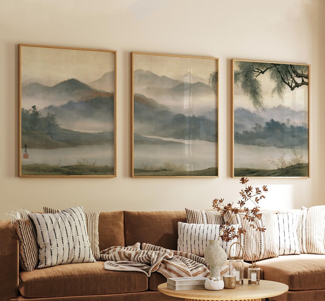 Asian Mountain Landscape Print Set | Misty River Wall Art | Three Piece ...