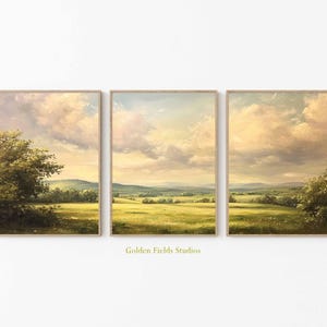 May include: A set of three framed landscape paintings depicting a rural scene with rolling green hills, a cloudy sky, and a field of wildflowers. The paintings are in a rustic style and feature muted colours.