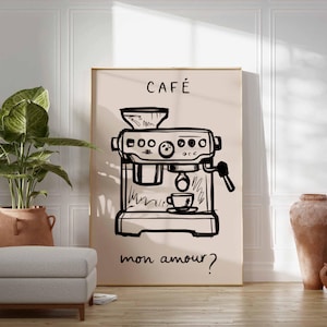 Café Mon Amour poster, Minimalist Espresso Machine Poster, French-Inspired Kitchen Decor for Coffee Lovers, Espresso Art Print, Coffee Decor