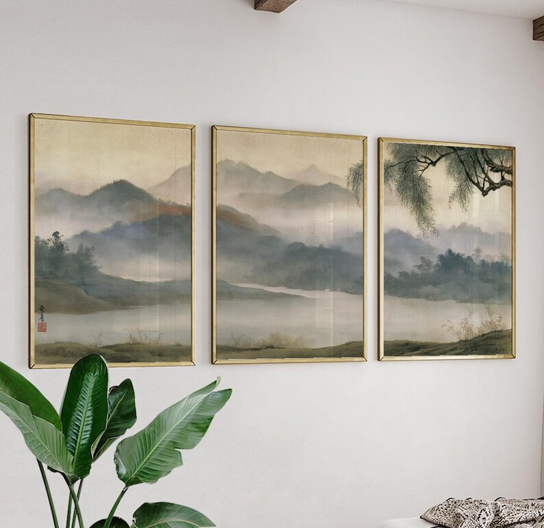 Asian Mountain Landscape Print Set | Misty River Wall Art | Three Piece ...