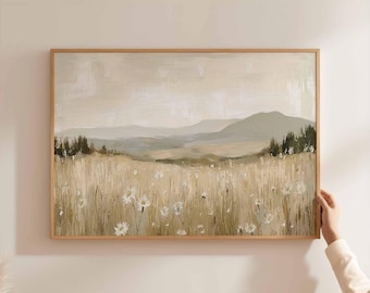 Póster de paisaje rural neutro: arte de colinas ondulantes y campos de flores silvestres