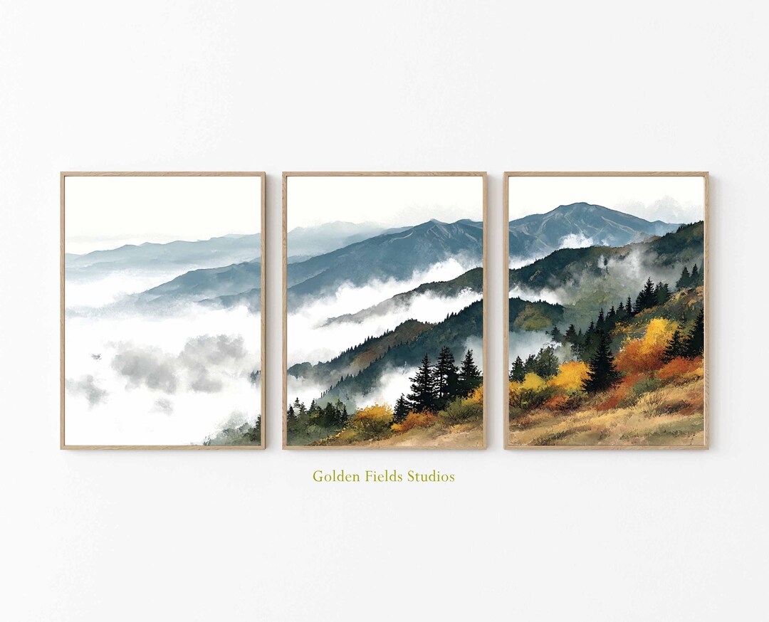 Misty Mountain Triptych: Autumn Forest Landscape Art Print Set - Etsy