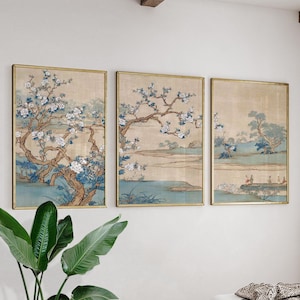 Set van 3 posters met landschapsposter bloesemboom | Traditionele figuren en vloeiende takken | Zachte blauwbeige tinten