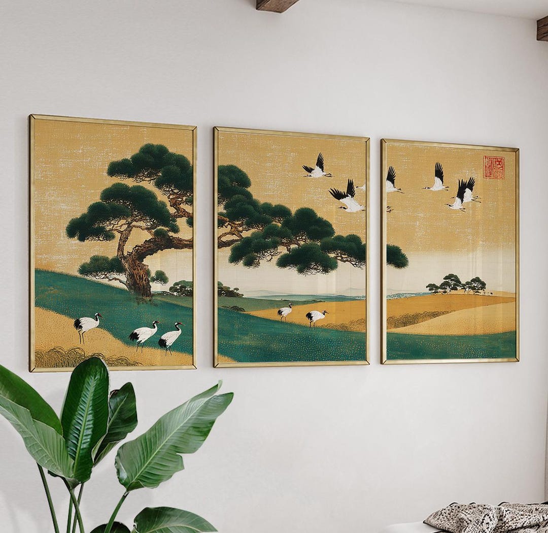 Japanese Crane Landscape Poster Set of 3 | Vintage Nature Wall Art ...