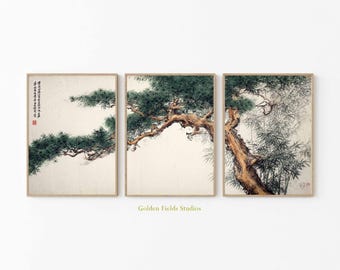 Chinese Pine Tree Triptych: Ink Brush Style Asian Wall Art