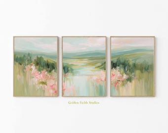 Abstract Floral Landscape Print Set: Pastel Green Pink Impressionist Art