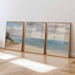 Juego de 3 pósteres de océano sereno: arte mural costero tranquilo, impresión de costa apacible, decoración de paisaje marino azul para dormitorio, sala de estar u oficina
