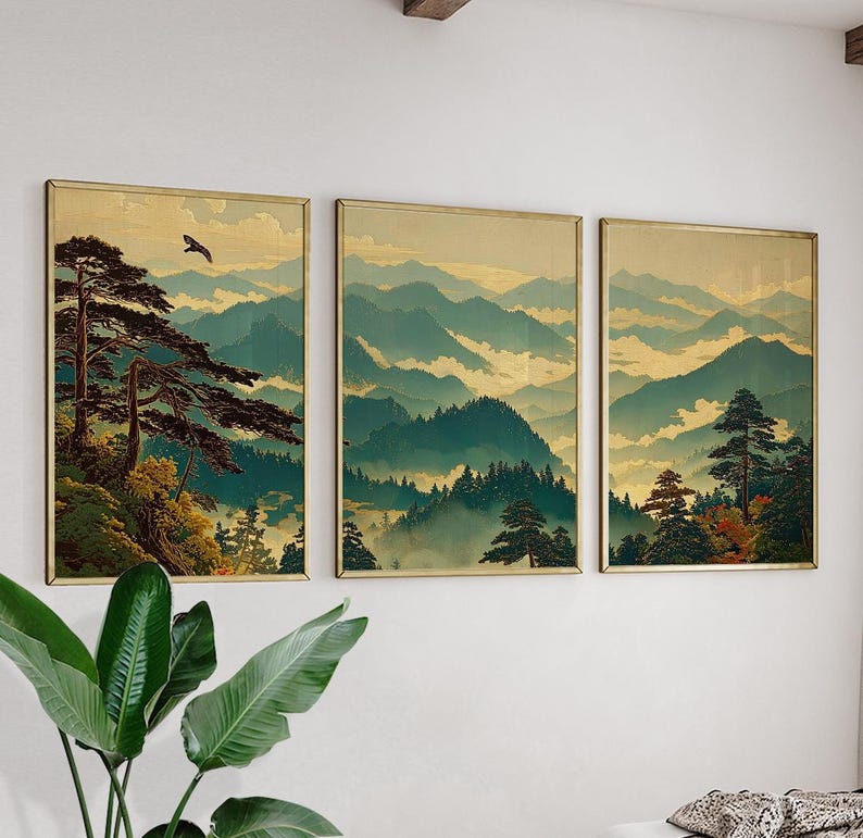 Japanese Mountain Landscape Poster Set of 3 | Vintage Style Wall Art ...