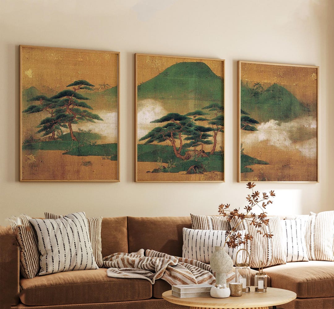 Japanese Wall Art Triptych | Landscape Poster Set of 3 | Gold Japanese Wall Art Triptych | Landscape Poster Set of 3 | Gold