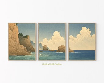 Rocky Coast Poster Set Of 3 | Coastal Seascape Wall Art | Blue Sand Tones